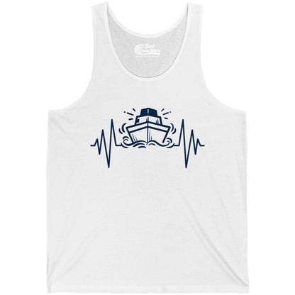 Cruise Heartbeat Shirt - Minimalist Ship Line Art Nautical Gift (Tank Top) in White - Cruise Ship Heartbeat Line Minimalist Nautical Shirt for Enthusiasts