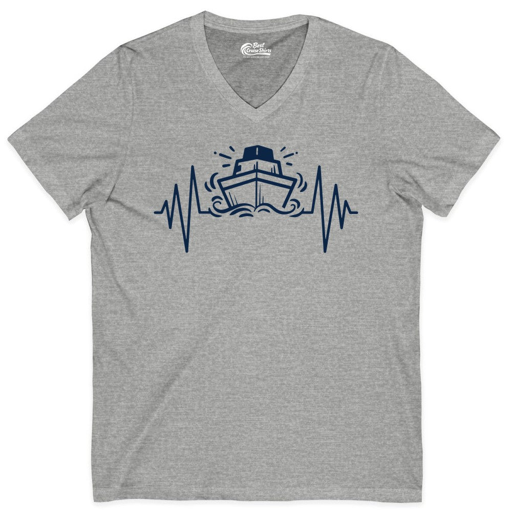 Cruise Heartbeat Shirt - Minimalist Ship Line Art Nautical Gift (V-Neck) in Athletic Heather - Cruise Ship Heartbeat Line Minimalist Nautical Shirt for Enthusiasts