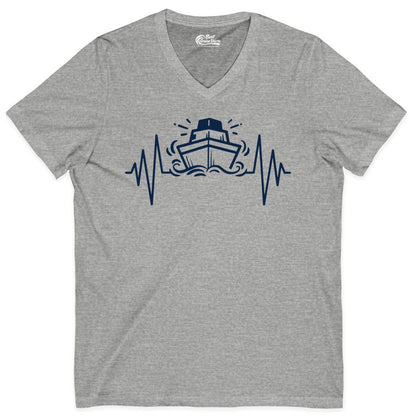 Cruise Heartbeat Shirt - Minimalist Ship Line Art Nautical Gift (V-Neck) in Athletic Heather - Cruise Ship Heartbeat Line Minimalist Nautical Shirt for Enthusiasts