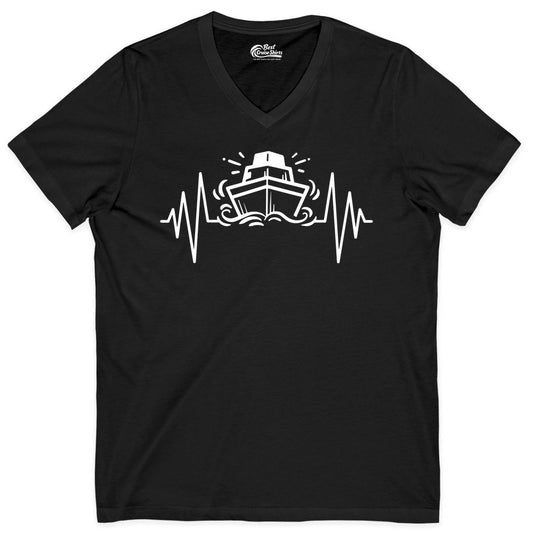 Cruise Heartbeat Shirt - Minimalist Ship Line Art Nautical Gift (V-Neck) in Black - Cruise Ship Heartbeat Line Minimalist Nautical Shirt for Enthusiasts
