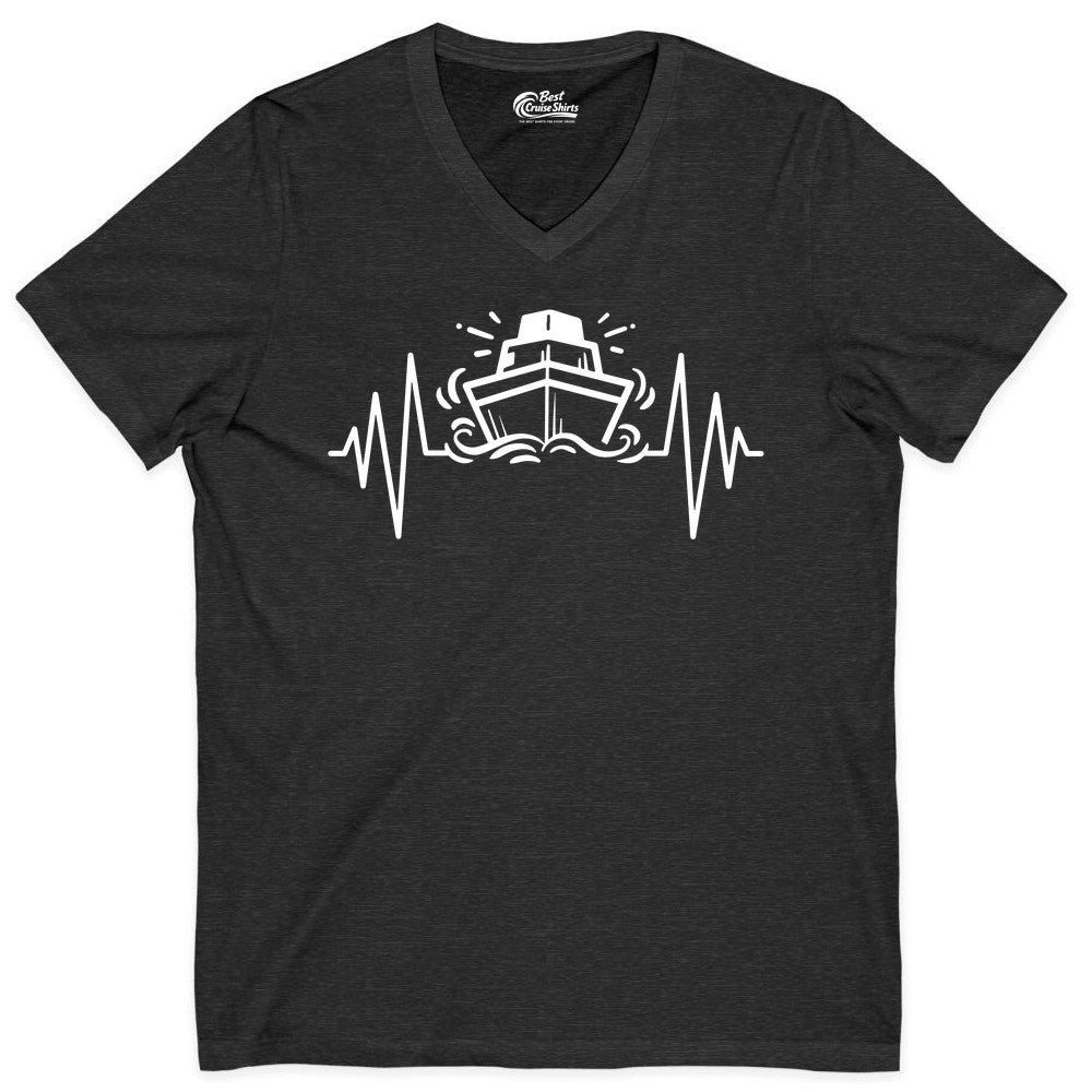 Cruise Heartbeat Shirt - Minimalist Ship Line Art Nautical Gift (V-Neck) in Dark Grey Heather - Cruise Ship Heartbeat Line Minimalist Nautical Shirt for Enthusiasts
