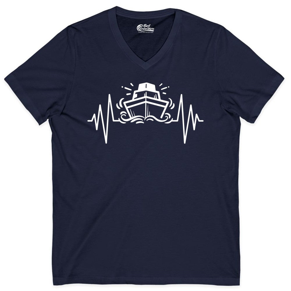 Cruise Heartbeat Shirt - Minimalist Ship Line Art Nautical Gift (V-Neck) in Navy - Cruise Ship Heartbeat Line Minimalist Nautical Shirt for Enthusiasts