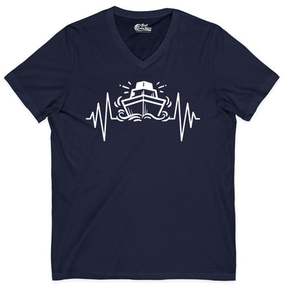 Cruise Heartbeat Shirt - Minimalist Ship Line Art Nautical Gift (V-Neck) in Navy - Cruise Ship Heartbeat Line Minimalist Nautical Shirt for Enthusiasts