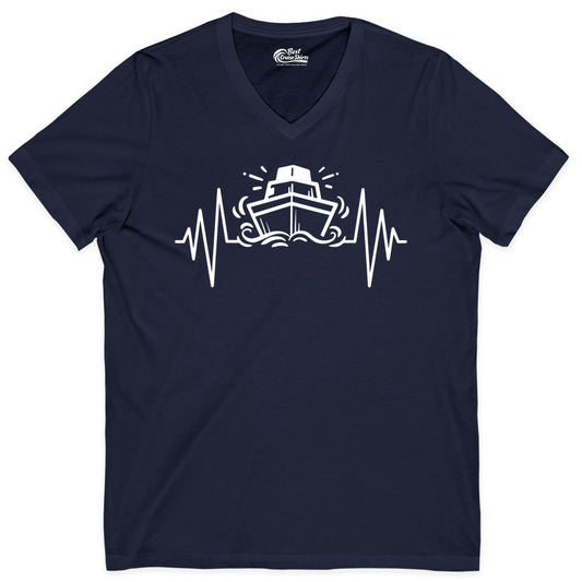 Cruise Heartbeat Shirt - Minimalist Ship Line Art Nautical Gift (V-Neck) in Navy - Cruise Ship Heartbeat Line Minimalist Nautical Shirt for Enthusiasts