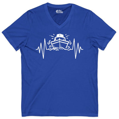 Cruise Heartbeat Shirt - Minimalist Ship Line Art Nautical Gift (V-Neck) in True Royal - Cruise Ship Heartbeat Line Minimalist Nautical Shirt for Enthusiasts