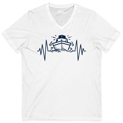 Cruise Heartbeat Shirt - Minimalist Ship Line Art Nautical Gift (V-Neck) in White - Cruise Ship Heartbeat Line Minimalist Nautical Shirt for Enthusiasts