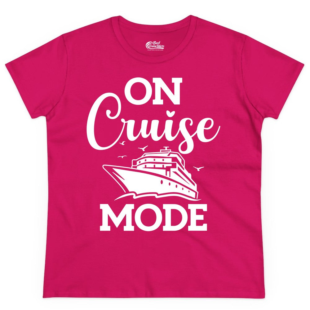 On Cruise Mode Shirt - Funny Nautical Cruise Vacation Apparel Gift (Ladies Tee) in Heliconia - On Cruise Mode Shirt - Nautical Ship Graphic Bold Typography Tee