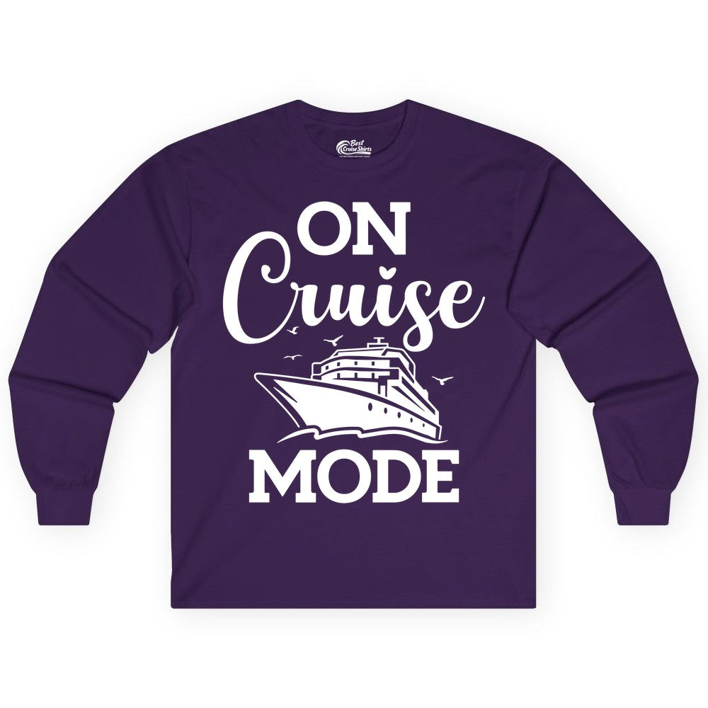 On Cruise Mode Shirt - Funny Nautical Cruise Vacation Apparel Gift (Long Sleeve) in Purple - On Cruise Mode Shirt - Nautical Ship Graphic Bold Typography Tee