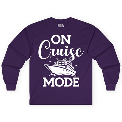 On Cruise Mode Shirt - Funny Nautical Cruise Vacation Apparel Gift (Long Sleeve) in Purple - On Cruise Mode Shirt - Nautical Ship Graphic Bold Typography Tee