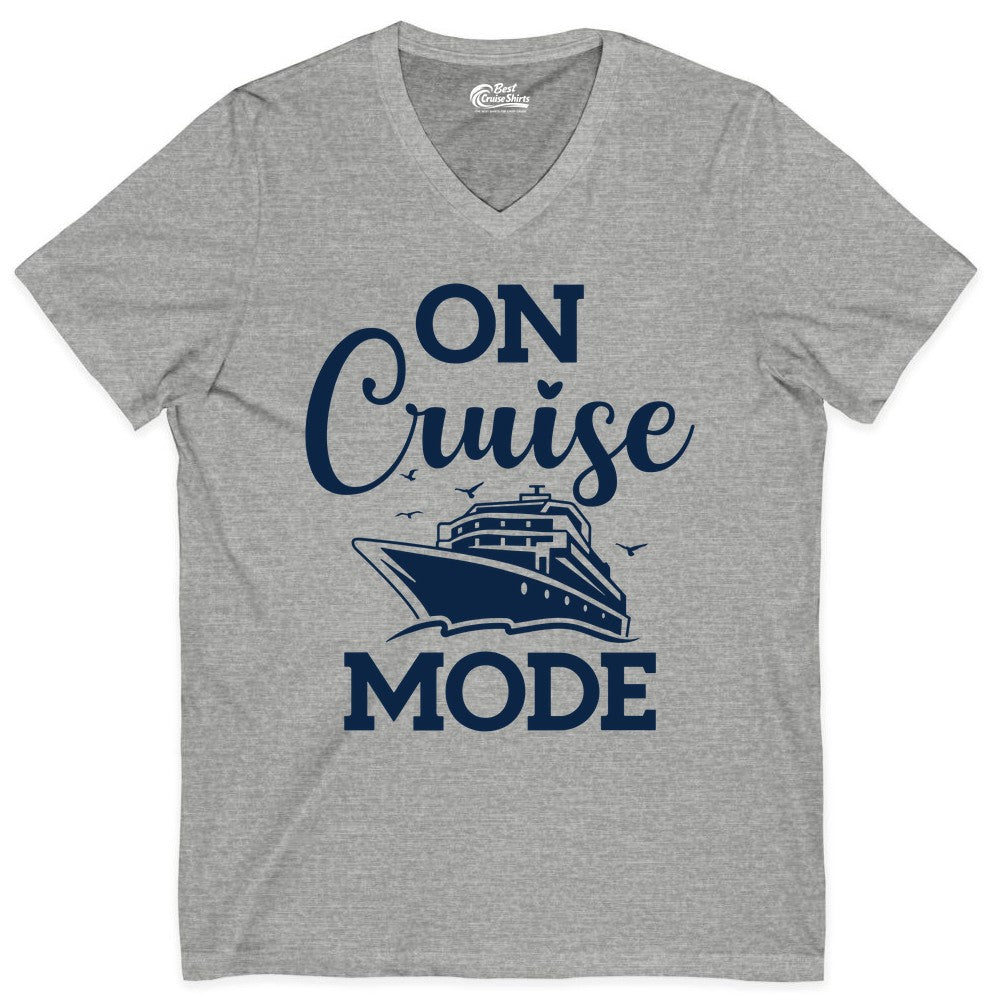 On Cruise Mode Shirt - Funny Nautical Cruise Vacation Apparel Gift (V-Neck) in Athletic Heather - On Cruise Mode Shirt - Nautical Ship Graphic Bold Typography Tee