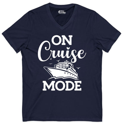 On Cruise Mode Shirt - Funny Nautical Cruise Vacation Apparel Gift (V-Neck) in Navy - On Cruise Mode Shirt - Nautical Ship Graphic Bold Typography Tee