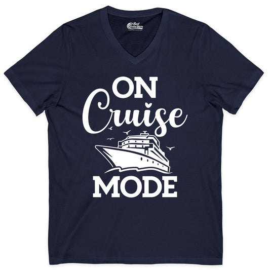 On Cruise Mode Shirt - Funny Nautical Cruise Vacation Apparel Gift (V-Neck) in Navy - On Cruise Mode Shirt - Nautical Ship Graphic Bold Typography Tee