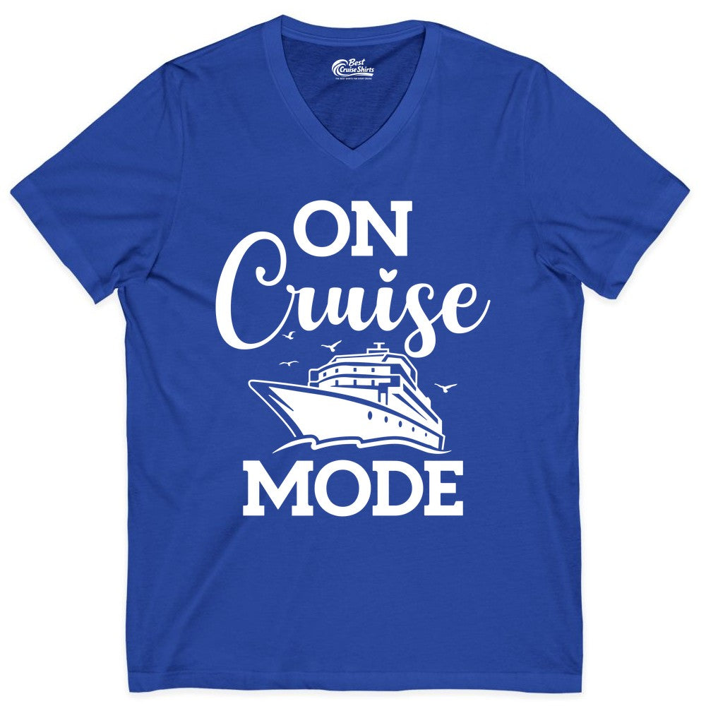 On Cruise Mode Shirt - Funny Nautical Cruise Vacation Apparel Gift (V-Neck) in True Royal - On Cruise Mode Shirt - Nautical Ship Graphic Bold Typography Tee