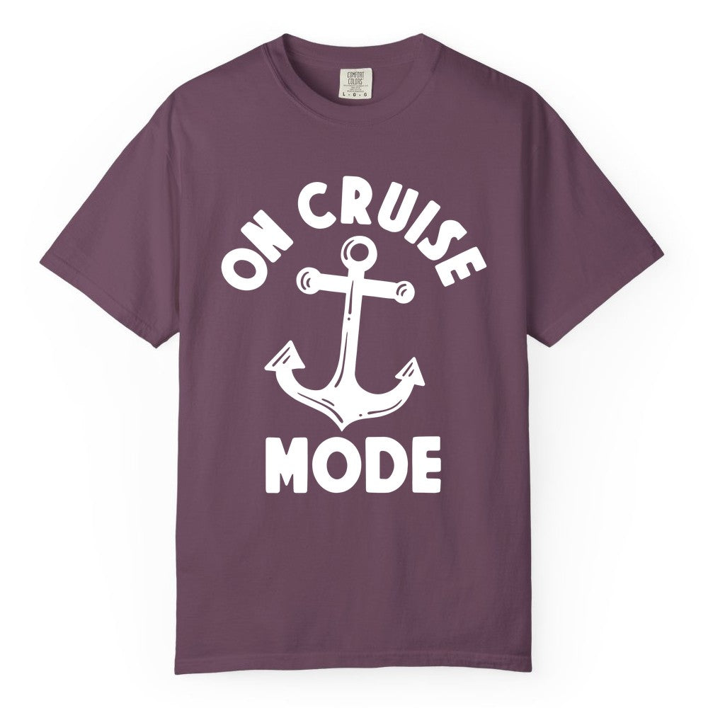On Cruise Mode Shirt - Nautical Vacation Tee with Anchor Graphic (Comfort Color) in Berry - On Cruise Mode Nautical Anchor Shirt - Bold Funny Cruise Apparel