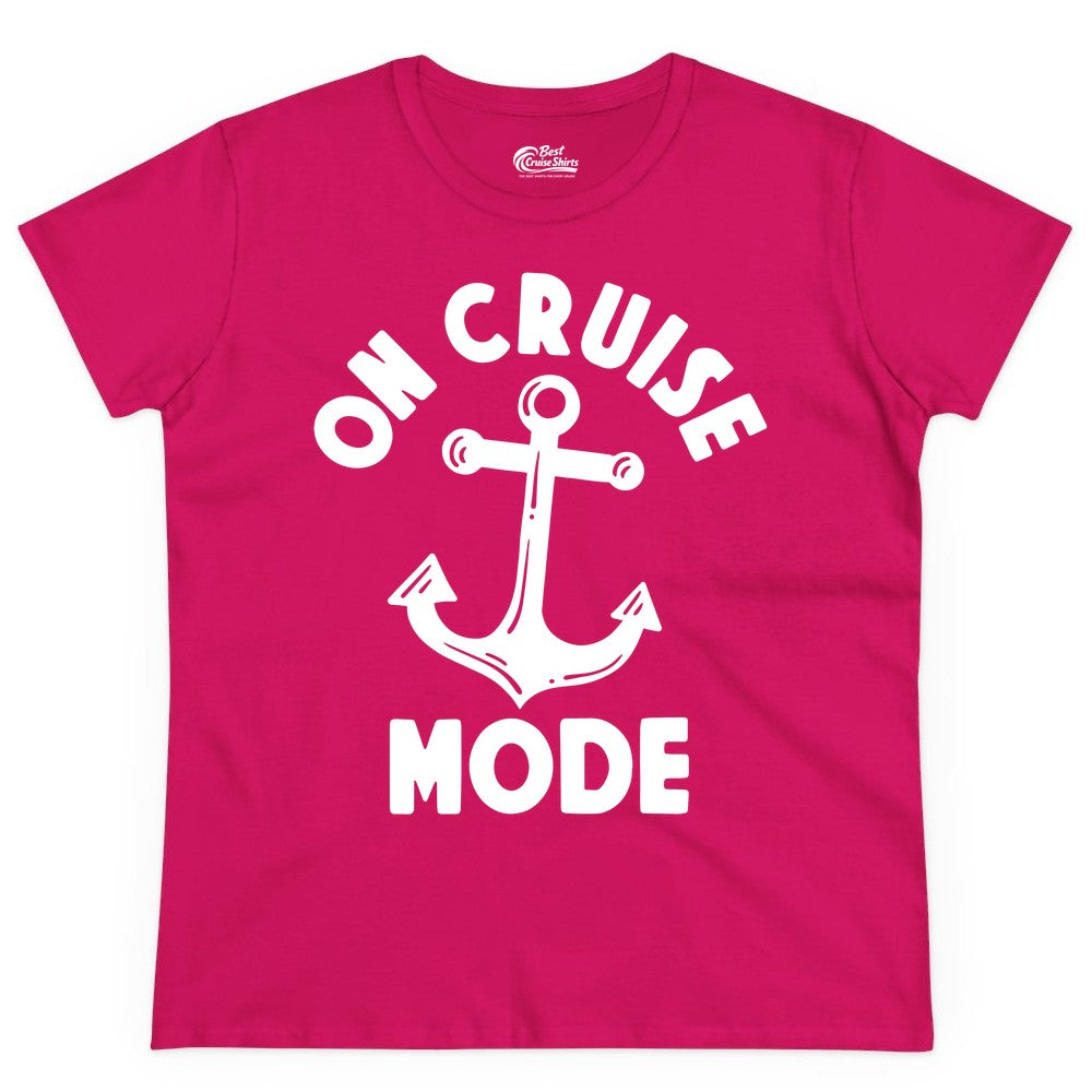On Cruise Mode Shirt - Nautical Vacation Tee with Anchor Graphic (Ladies Tee) in Heliconia - On Cruise Mode Nautical Anchor Shirt - Bold Funny Cruise Apparel