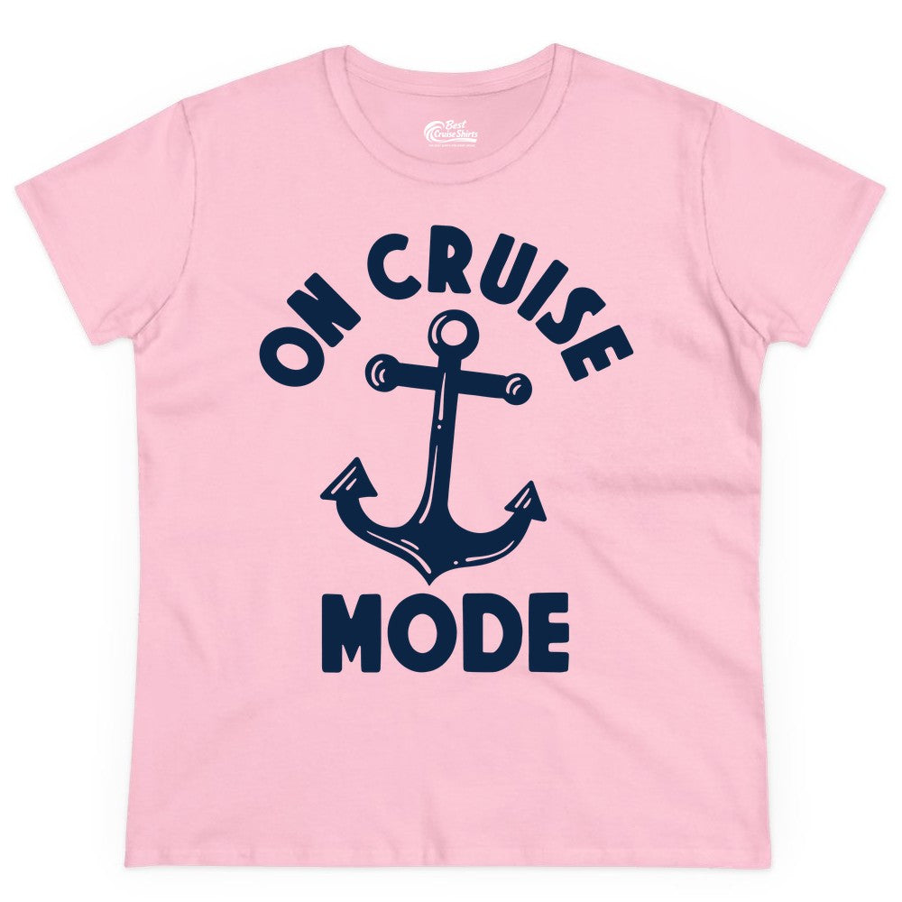 On Cruise Mode Shirt - Nautical Vacation Tee with Anchor Graphic (Ladies Tee) in Light Pink - On Cruise Mode Nautical Anchor Shirt - Bold Funny Cruise Apparel