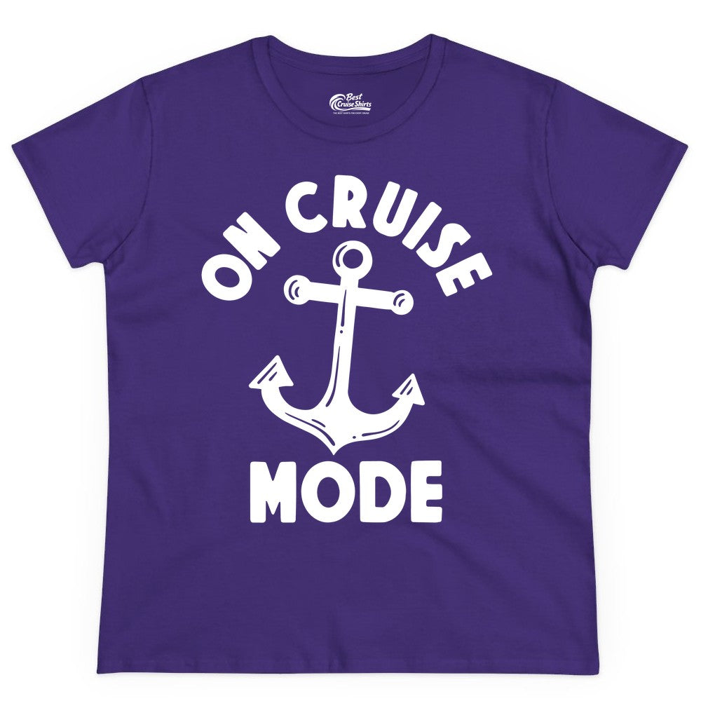 On Cruise Mode Shirt - Nautical Vacation Tee with Anchor Graphic (Ladies Tee) in Purple - On Cruise Mode Nautical Anchor Shirt - Bold Funny Cruise Apparel