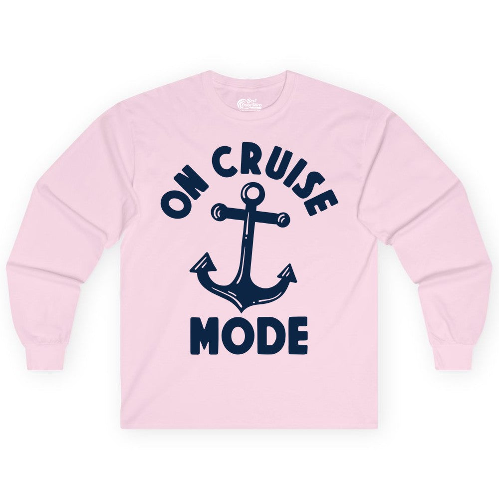 On Cruise Mode Shirt - Nautical Vacation Tee with Anchor Graphic (Long Sleeve) in Light Pink - On Cruise Mode Nautical Anchor Shirt - Bold Funny Cruise Apparel