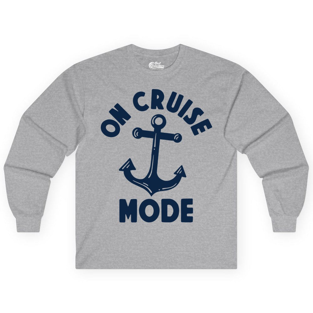 On Cruise Mode Shirt - Nautical Vacation Tee with Anchor Graphic (Long Sleeve) in Sport Grey - On Cruise Mode Nautical Anchor Shirt - Bold Funny Cruise Apparel