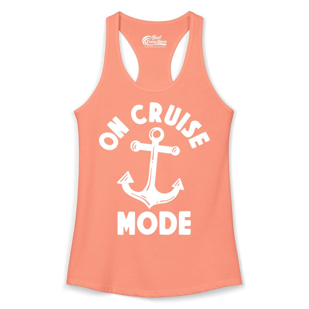 On Cruise Mode Shirt - Nautical Vacation Tee with Anchor Graphic (Ladies Tank) in Solid Light Orange - On Cruise Mode Nautical Anchor Shirt - Bold Funny Cruise Apparel