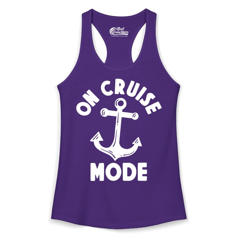 On Cruise Mode Shirt - Nautical Vacation Tee with Anchor Graphic (Ladies Tank) in Solid Purple Rush - On Cruise Mode Nautical Anchor Shirt - Bold Funny Cruise Apparel