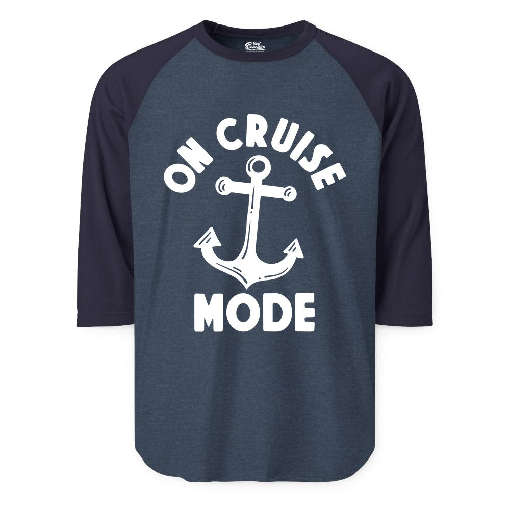 On Cruise Mode Shirt - Nautical Vacation Tee with Anchor Graphic (Raglan) in Heather DenimNavy - On Cruise Mode Nautical Anchor Shirt - Bold Funny Cruise Apparel