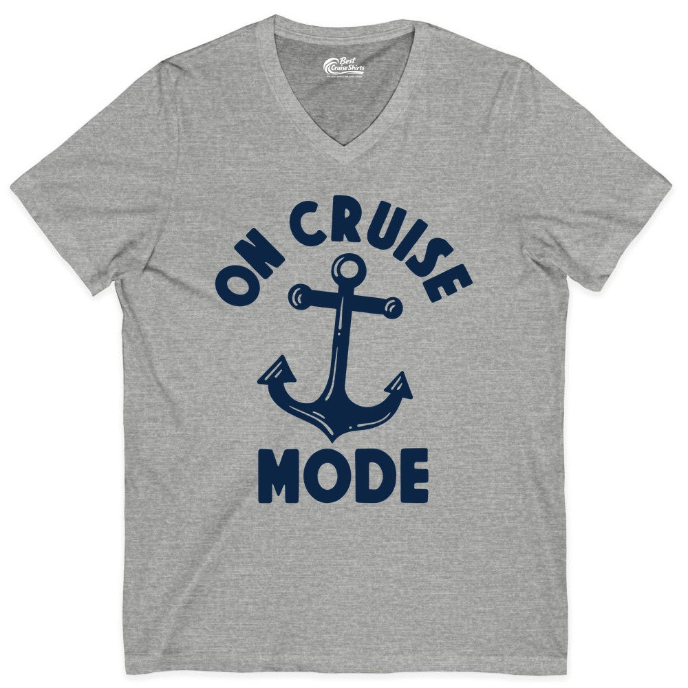 On Cruise Mode Shirt - Nautical Vacation Tee with Anchor Graphic (V-Neck) in Athletic Heather - On Cruise Mode Nautical Anchor Shirt - Bold Funny Cruise Apparel