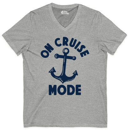 On Cruise Mode Shirt - Nautical Vacation Tee with Anchor Graphic (V-Neck) in Athletic Heather - On Cruise Mode Nautical Anchor Shirt - Bold Funny Cruise Apparel
