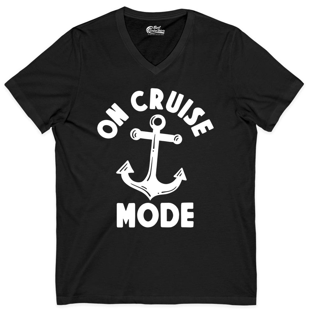 On Cruise Mode Shirt - Nautical Vacation Tee with Anchor Graphic (V-Neck) in Black - On Cruise Mode Nautical Anchor Shirt - Bold Funny Cruise Apparel