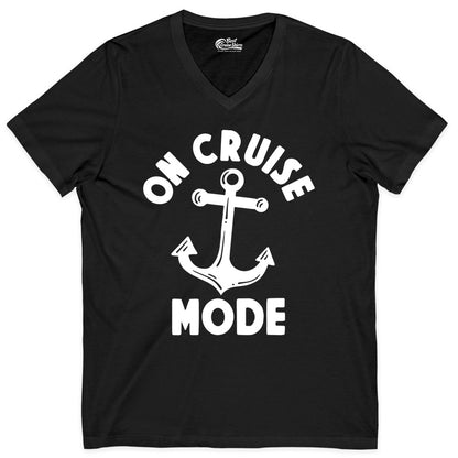 On Cruise Mode Shirt - Nautical Vacation Tee with Anchor Graphic (V-Neck) in Black - On Cruise Mode Nautical Anchor Shirt - Bold Funny Cruise Apparel