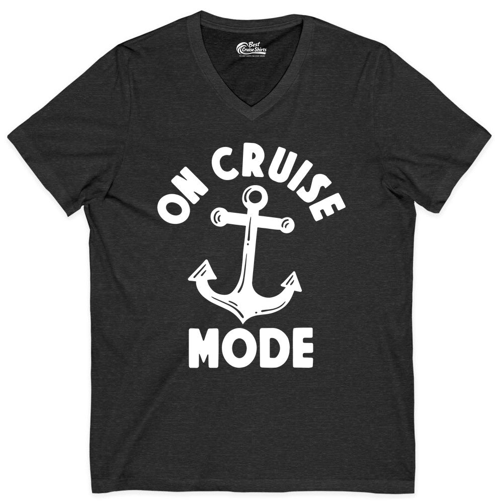 On Cruise Mode Shirt - Nautical Vacation Tee with Anchor Graphic (V-Neck) in Dark Grey Heather - On Cruise Mode Nautical Anchor Shirt - Bold Funny Cruise Apparel