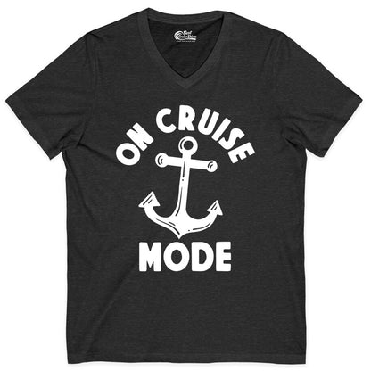 On Cruise Mode Shirt - Nautical Vacation Tee with Anchor Graphic (V-Neck) in Dark Grey Heather - On Cruise Mode Nautical Anchor Shirt - Bold Funny Cruise Apparel