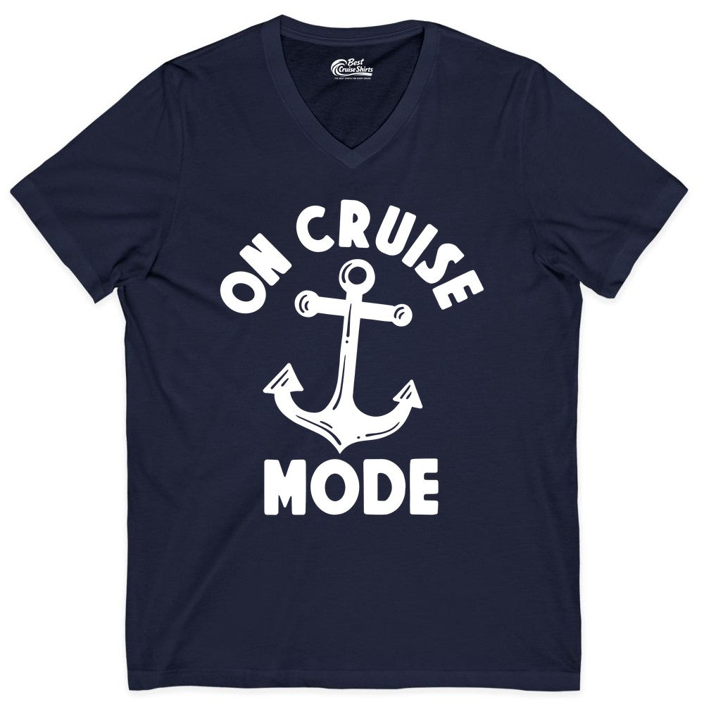 On Cruise Mode Shirt - Nautical Vacation Tee with Anchor Graphic (V-Neck) in Navy - On Cruise Mode Nautical Anchor Shirt - Bold Funny Cruise Apparel