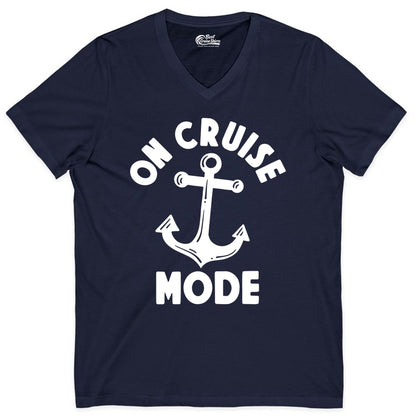 On Cruise Mode Shirt - Nautical Vacation Tee with Anchor Graphic (V-Neck) in Navy - On Cruise Mode Nautical Anchor Shirt - Bold Funny Cruise Apparel