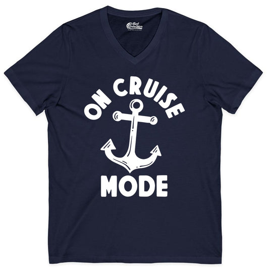 On Cruise Mode Shirt - Nautical Vacation Tee with Anchor Graphic (V-Neck) in Navy - On Cruise Mode Nautical Anchor Shirt - Bold Funny Cruise Apparel
