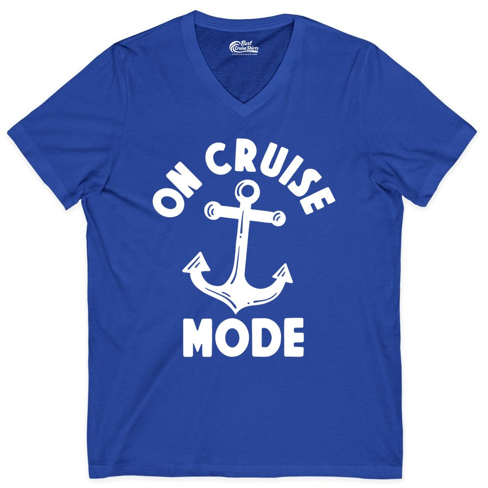 On Cruise Mode Shirt - Nautical Vacation Tee with Anchor Graphic (V-Neck) in True Royal - On Cruise Mode Nautical Anchor Shirt - Bold Funny Cruise Apparel