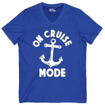 On Cruise Mode Shirt - Nautical Vacation Tee with Anchor Graphic (V-Neck) in True Royal - On Cruise Mode Nautical Anchor Shirt - Bold Funny Cruise Apparel