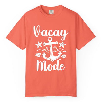 Vacay Mode Shirt - Nautical Vacation Shirt for Beach & Cruise Trips (Comfort Color) in Bright Salmon - Vacay Mode Nautical Anchor Beach Shirt - Cruise Vacation Tee