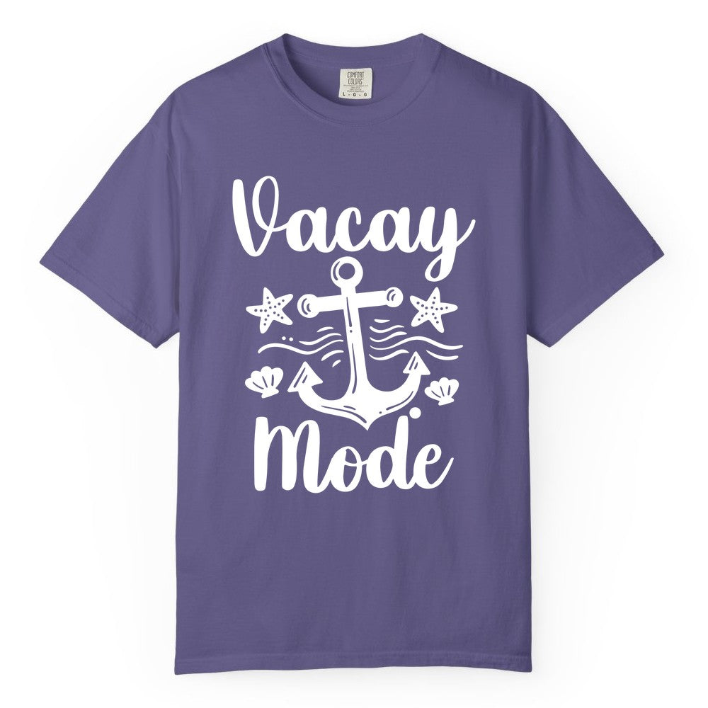 Vacay Mode Shirt - Nautical Vacation Shirt for Beach & Cruise Trips (Comfort Color) in Grape - Vacay Mode Nautical Anchor Beach Shirt - Cruise Vacation Tee