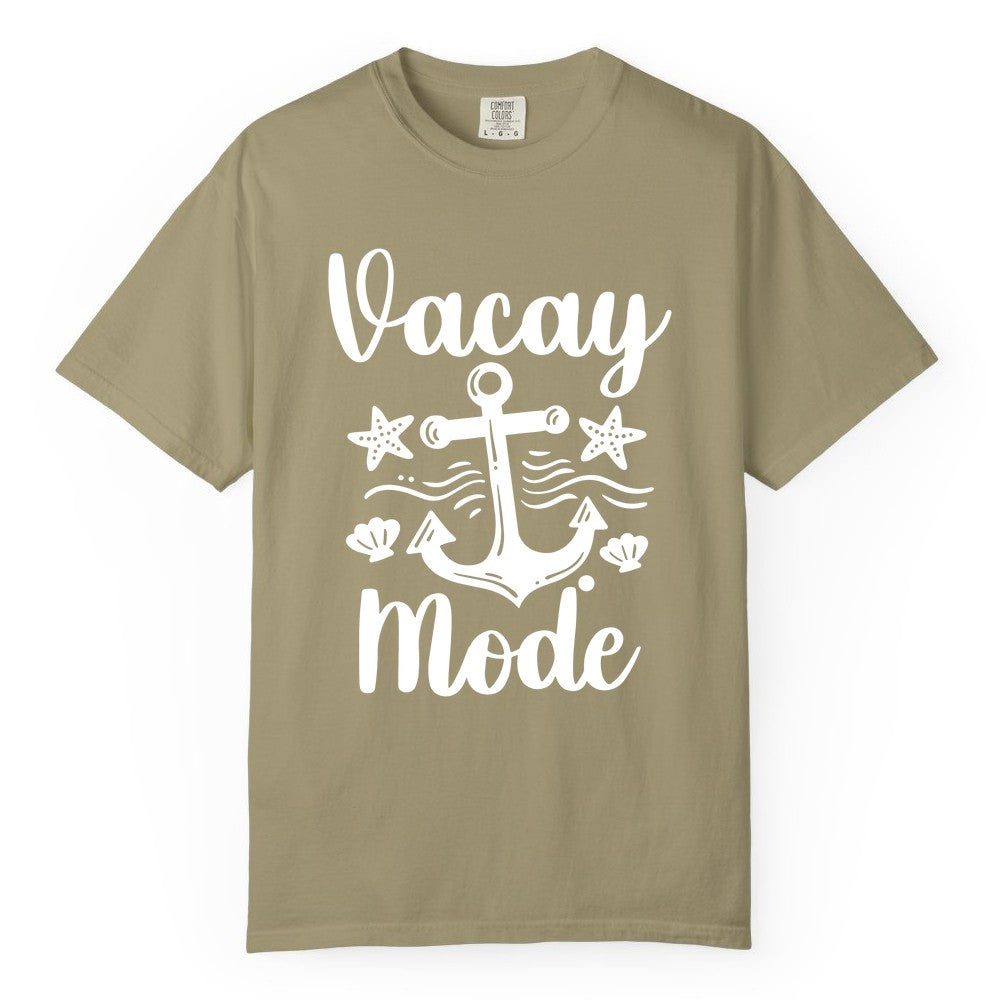 Vacay Mode Shirt - Nautical Vacation Shirt for Beach & Cruise Trips (Comfort Color) in Khaki - Vacay Mode Nautical Anchor Beach Shirt - Cruise Vacation Tee