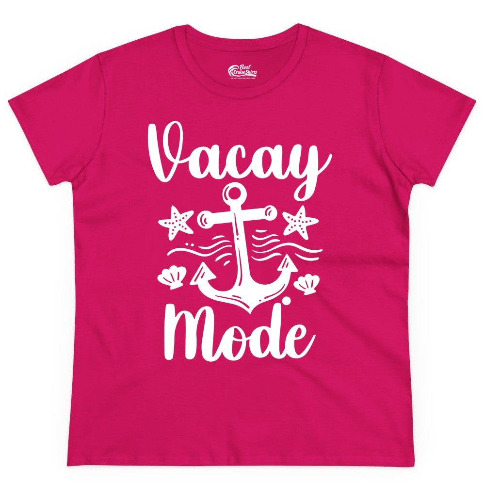 Vacay Mode Shirt - Nautical Vacation Shirt for Beach & Cruise Trips (Ladies Tee) in Heliconia - Vacay Mode Nautical Anchor Beach Shirt - Cruise Vacation Tee