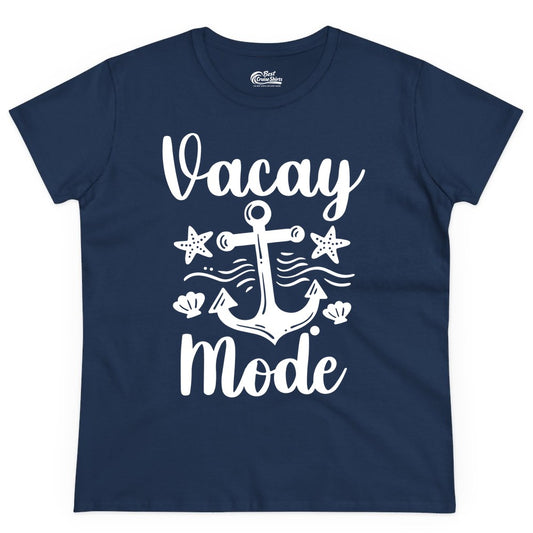 Vacay Mode Shirt - Nautical Vacation Shirt for Beach & Cruise Trips (Ladies Tee) in Navy - Vacay Mode Nautical Anchor Beach Shirt - Cruise Vacation Tee