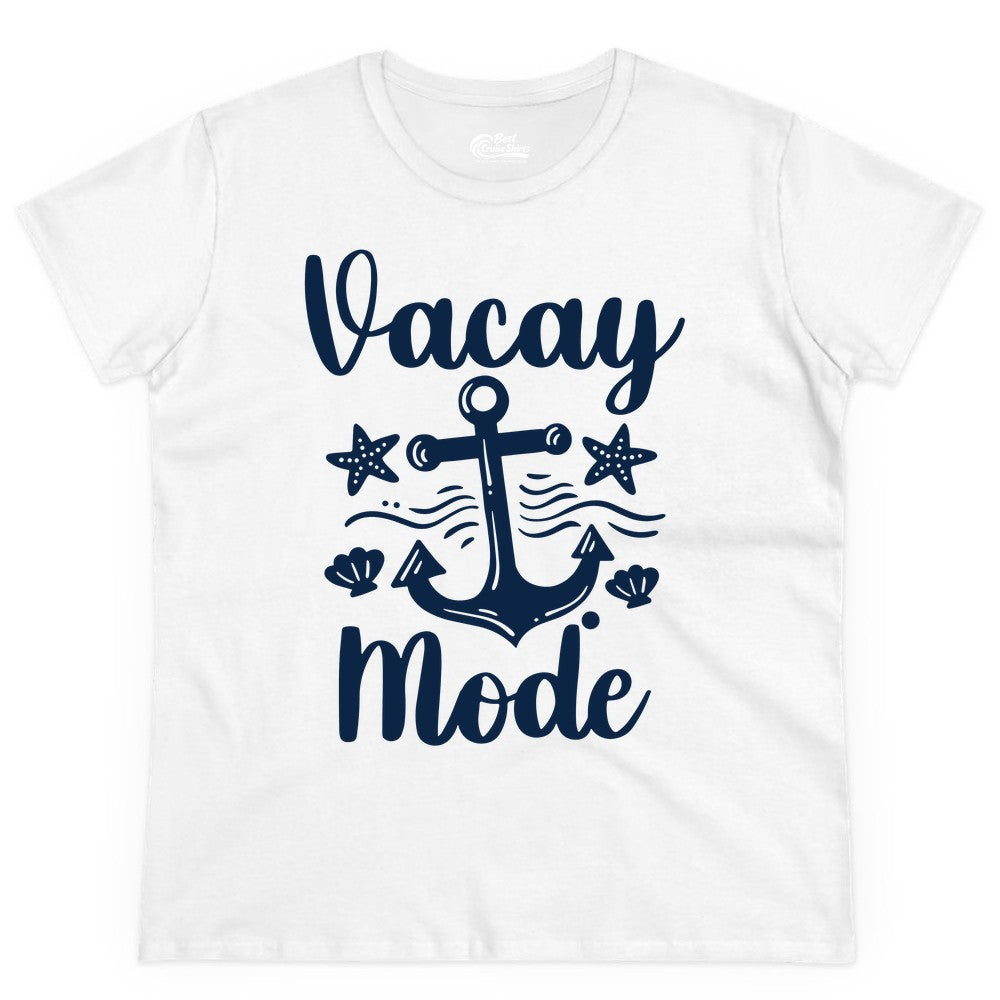 Vacay Mode Shirt - Nautical Vacation Shirt for Beach & Cruise Trips (Ladies Tee) in White - Vacay Mode Nautical Anchor Beach Shirt - Cruise Vacation Tee