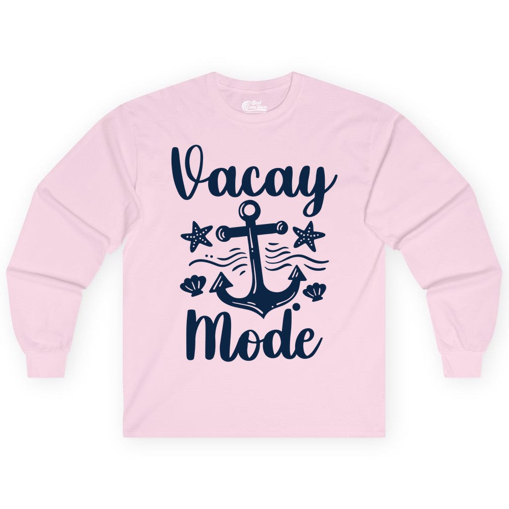 Vacay Mode Shirt - Nautical Vacation Shirt for Beach & Cruise Trips (Long Sleeve) in Light Pink - Vacay Mode Nautical Anchor Beach Shirt - Cruise Vacation Tee