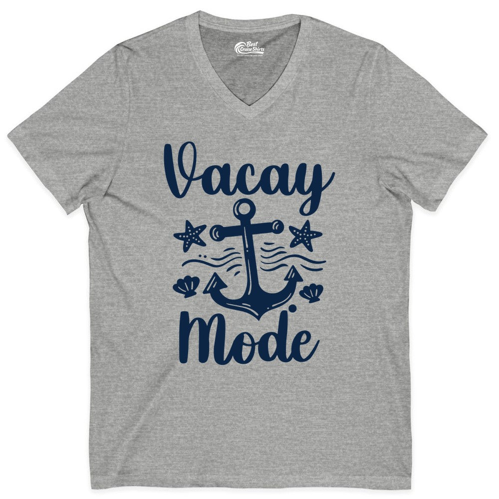 Vacay Mode Shirt - Nautical Vacation Shirt for Beach & Cruise Trips (V-Neck) in Athletic Heather - Vacay Mode Nautical Anchor Beach Shirt - Cruise Vacation Tee