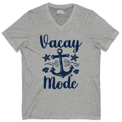 Vacay Mode Shirt - Nautical Vacation Shirt for Beach & Cruise Trips (V-Neck) in Athletic Heather - Vacay Mode Nautical Anchor Beach Shirt - Cruise Vacation Tee