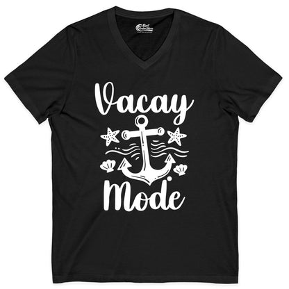 Vacay Mode Shirt - Nautical Vacation Shirt for Beach & Cruise Trips (V-Neck) in Black - Vacay Mode Nautical Anchor Beach Shirt - Cruise Vacation Tee