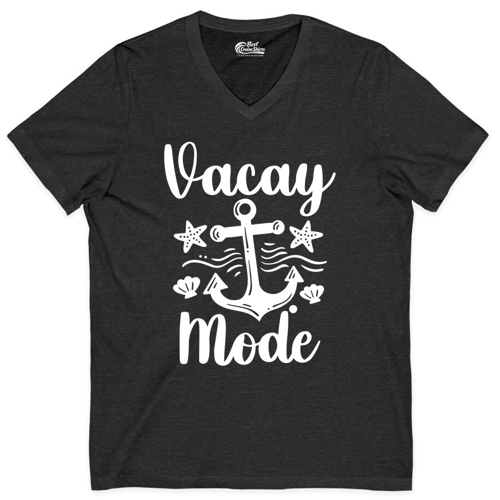 Vacay Mode Shirt - Nautical Vacation Shirt for Beach & Cruise Trips (V-Neck) in Dark Grey Heather - Vacay Mode Nautical Anchor Beach Shirt - Cruise Vacation Tee