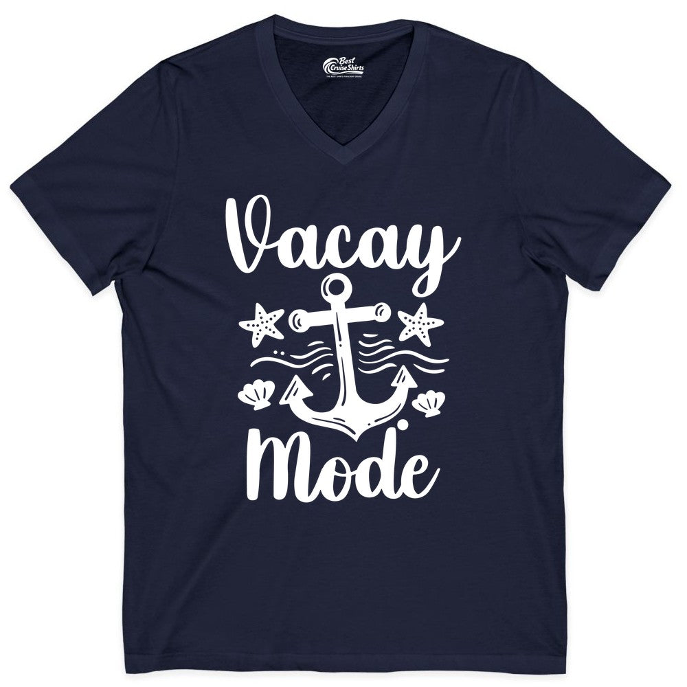 Vacay Mode Shirt - Nautical Vacation Shirt for Beach & Cruise Trips (V-Neck) in Navy - Vacay Mode Nautical Anchor Beach Shirt - Cruise Vacation Tee