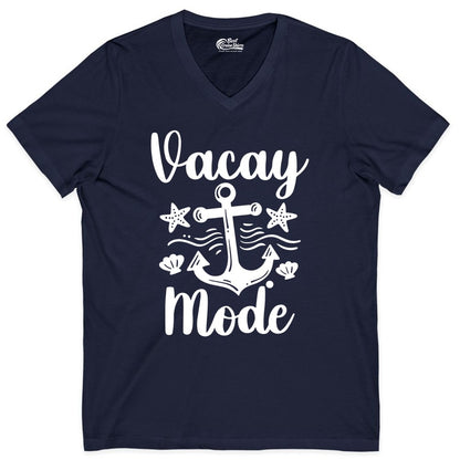 Vacay Mode Shirt - Nautical Vacation Shirt for Beach & Cruise Trips (V-Neck) in Navy - Vacay Mode Nautical Anchor Beach Shirt - Cruise Vacation Tee
